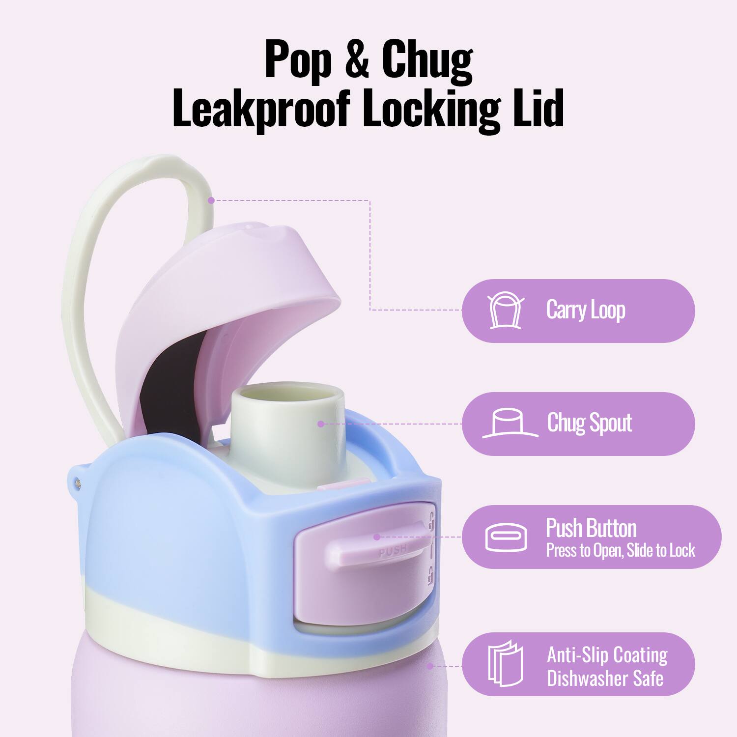 Pop & Chug Leakproof Locking Lid

- Carry Loop
- Chug Spout
- Push Button: Press to Open, Slide to Lock
- Anti-Slip Coating
- Dishwasher Safe