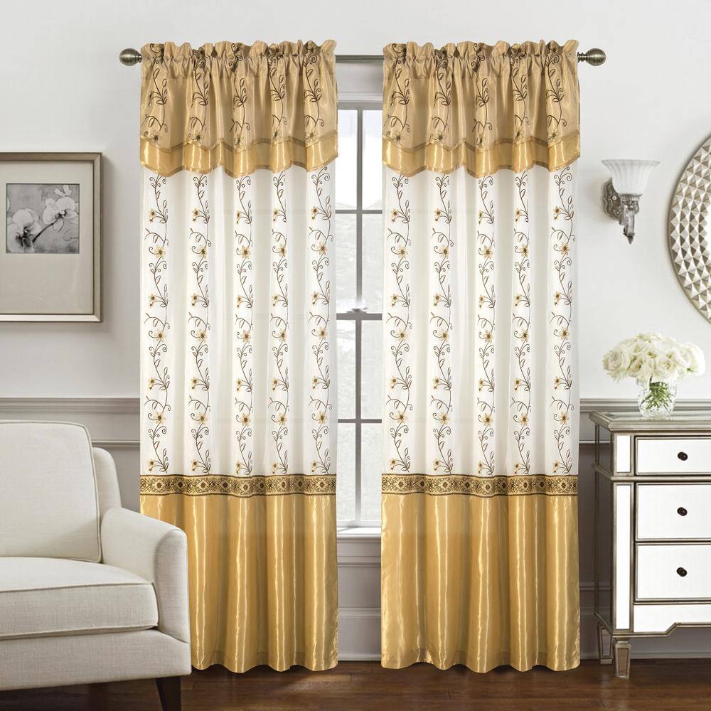 Angle. RT Designers Collection - Priscilla Floral Embroidered Curtain Panel with Double Elegant Window Treatment - Gold.