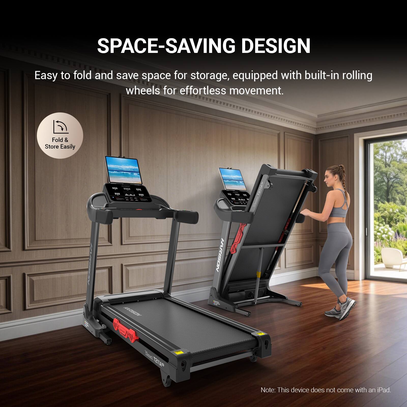 SPACE-SAVING DESIGN  
Easy to fold and save space for storage, equipped with built-in rolling wheels for effortless movement.  
Fold & Store Easily  

Note: This device does not come with an iPad.