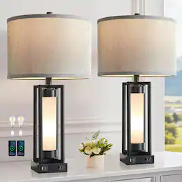Dazzling Pops - Rustic Table Lamps For Living Room Set Of With Usb C a Ports Farmhouse Vintage Nightstand Lamp Night Light - Black