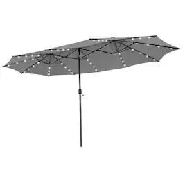 Gymax - 15FT Twin Patio Double-Sided Umbrella 48 Solar LED Lights Crank Outdoor Coffee - Gray