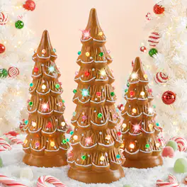 Best Choice Products - Set of 3 Pre-Lit Hand-Painted Ceramic Tabletop Christmas Trees w/ Multicolor Bulbs - Gingerbread - Multi