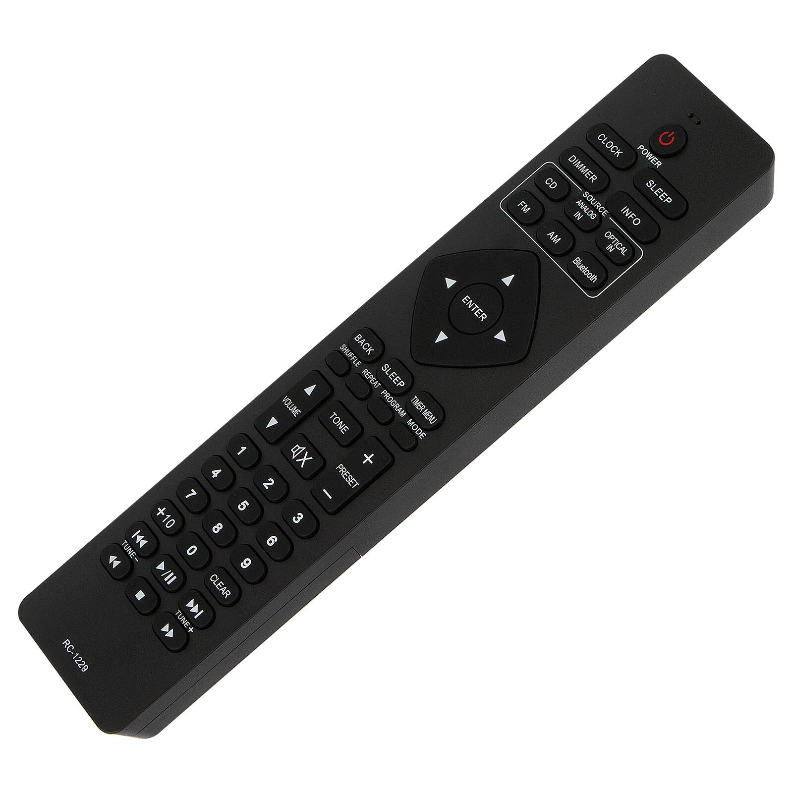 Sure, here is the corrected and grouped text from the image:

**Top Section:**
- SHUFFLE
- BACK
- SL
- REPEAT
- SLEEP
- VOLUME
- PROGRAM
- TIMER
- MENU
- TONE
- MODE

**Number Pad:**
- 1
- 2
- 3
- 4
- 5
- 6
- 7
- 8
- 9
- 0

**Additional Buttons:**
- aX
- +4
- PRESET
- 7
- I
- +5
- +10
- 8
- 3
- TUNE-
- 0
- 4
- 6
- /II
- CLEAR
- N
- TUNE+
- RC-1229

**Bottom Section:**
- ENTER
- FM
- AM
- CD
- DIMMER
- SLEEP
- IN
- ANALOG
- INFO
- AM/FM
- OPTICAL
- Bluetooth

**Right Section:**
- CLOCK
- POWER
- SLEEP
- DIMMER
- SOURCE
- ANALOG IN
-