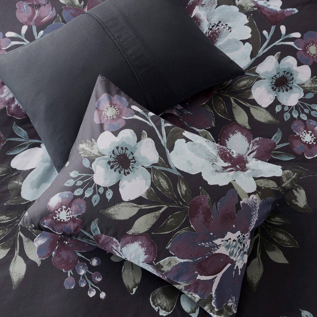 Alt View 2. Gracie Mills - Gracie Mills 3-Piece Gia Floral Printed Comforter Set - Dark Grey/Plum.