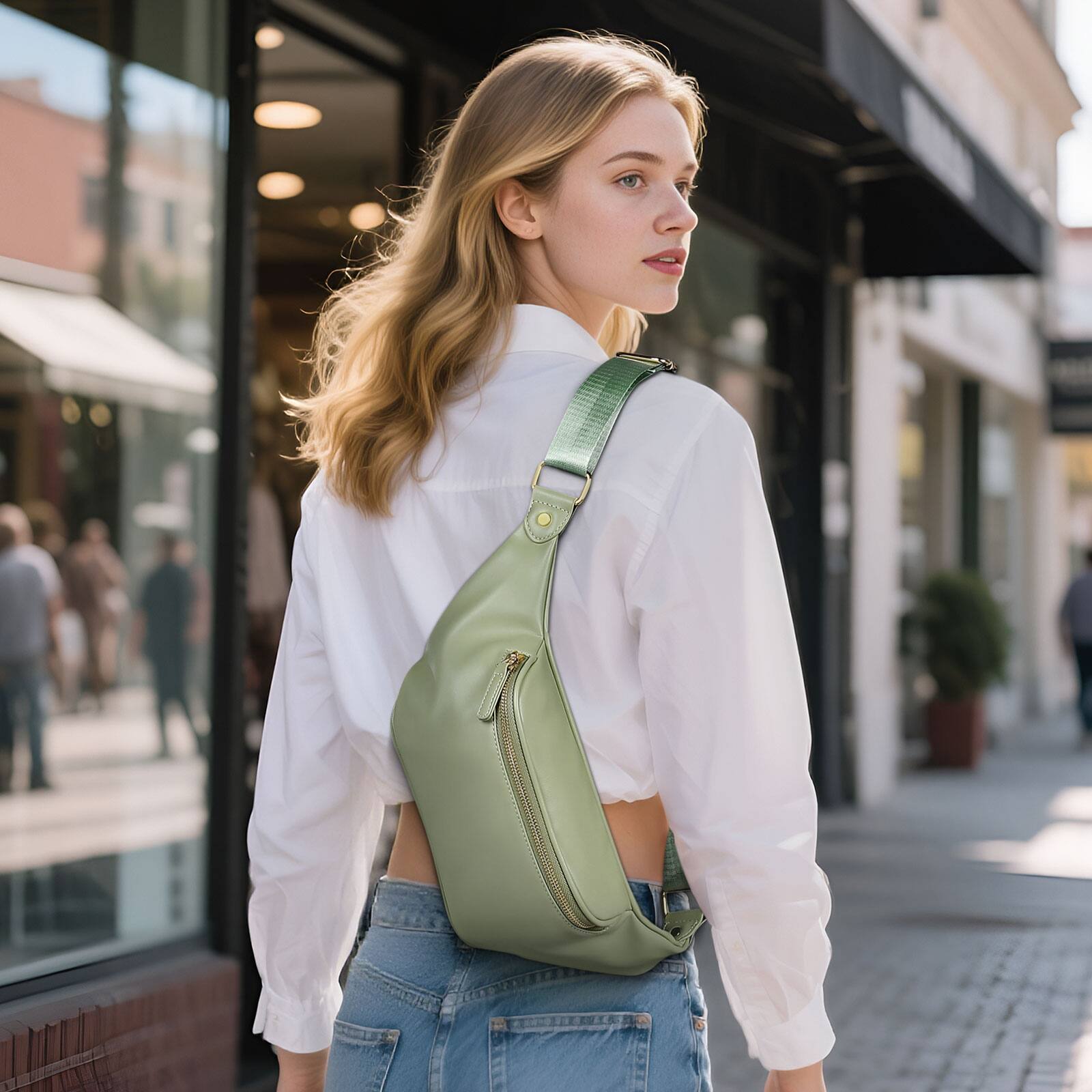 Alt View 1. Unique Bargains - Soft Faux Leather Fanny Pack Crossbody Waist Pack with Adjustable Strap Large Pocket Sturdy Zippers for Travel Hiking - Standard Green.