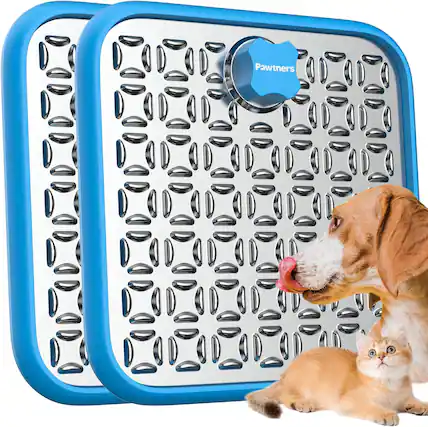 Front. Pawtners - Lick Mat for Dogs & Cats: 2-Pack Stainless Steel Slow Feeder with Suction for Grooming, Anxiety & Boredom Relief - Blue.