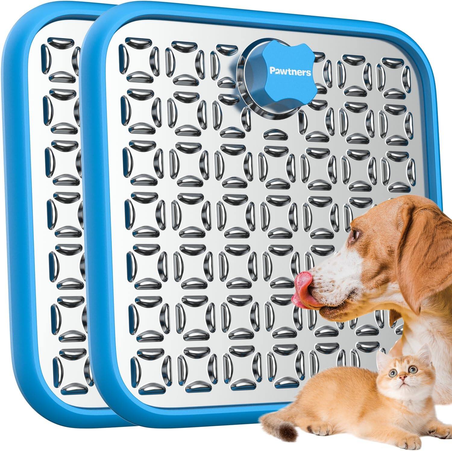 Front. Pawtners - Lick Mat for Dogs & Cats: 2-Pack Stainless Steel Slow Feeder with Suction for Grooming, Anxiety & Boredom Relief - Blue.