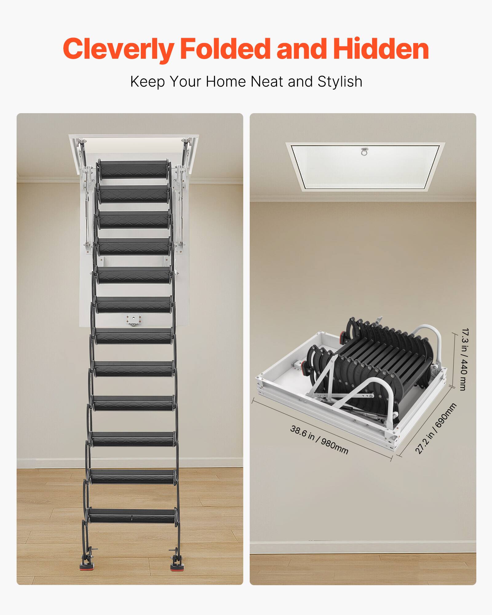 Cleverly Folded and Hidden  
Keep Your Home Neat and Stylish  

38.6 in / 980mm  
17.3 in / 440mm  
27.2 in / 690mm