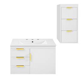 Boyel Living - 30 Inch Wall Mounted Bathroom Vanity with Side Cabinet and Ceramic Sink - White