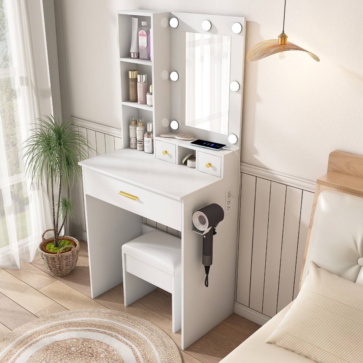Angle. Loheer - Loheer white makeup vanity with mirror and LED lights, compact dressing table with stool for bedrooms - White.