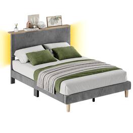 Bestier - Bed Frame Upholstered Platform Gaming Bed with LED Light & Adjustable Storage Headboard for Bedroom-Queen Size - Gray