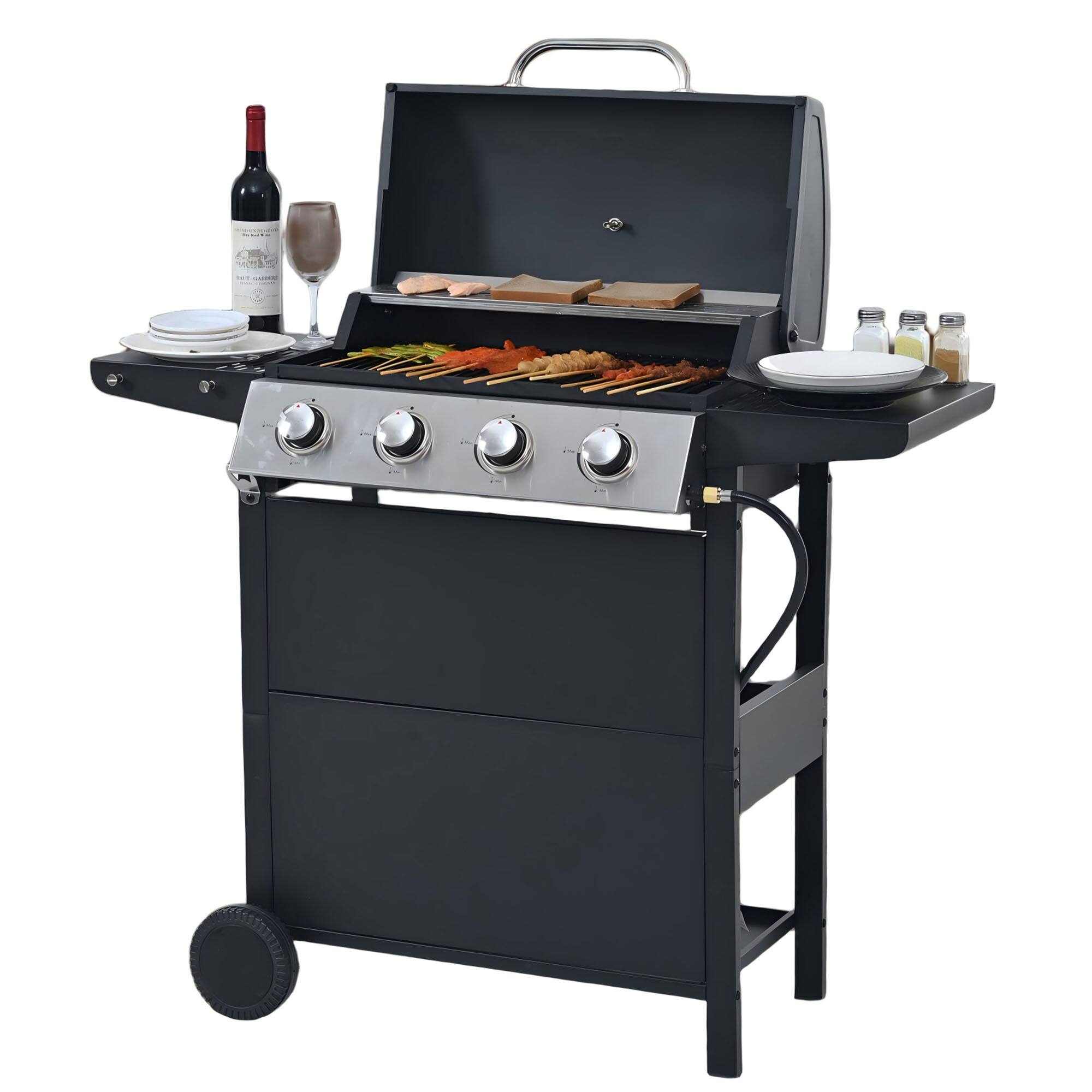 Front. Ecooso - Propane Gas Grill 4-Burner BBQ, 34,000 BTU Stainless Steel Outdoor Grill with Shelves, Lid, Wheels & Bottle Opener - Black.
