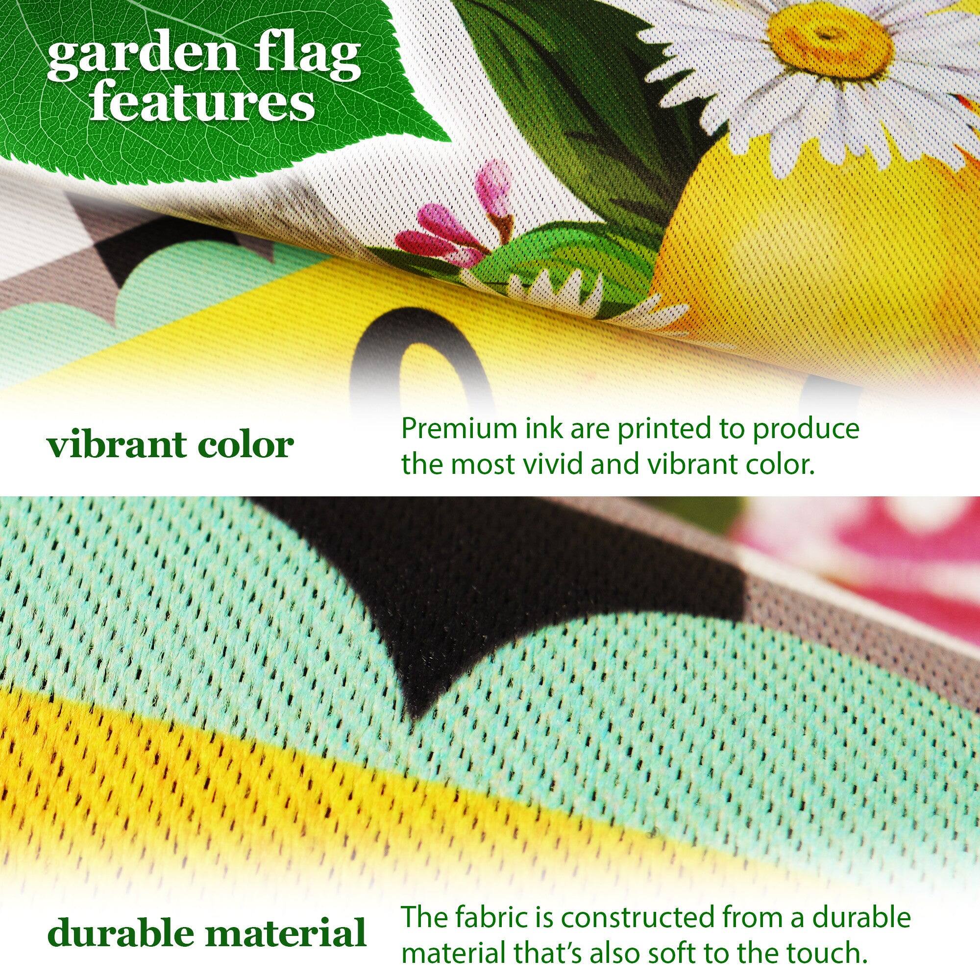 garden flag features vibrant color. Premium ink is printed to produce the most vivid and vibrant color. The fabric is constructed from a durable material that's also soft to the touch.