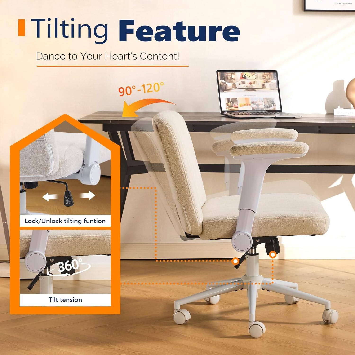 Diagram showing the tilting function and tilt range of the office chair.
