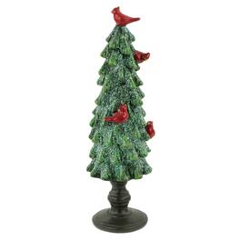 Northlight - Glittered Christmas Tree with Cardinals Decoration - 8.75" - and Red - Green
