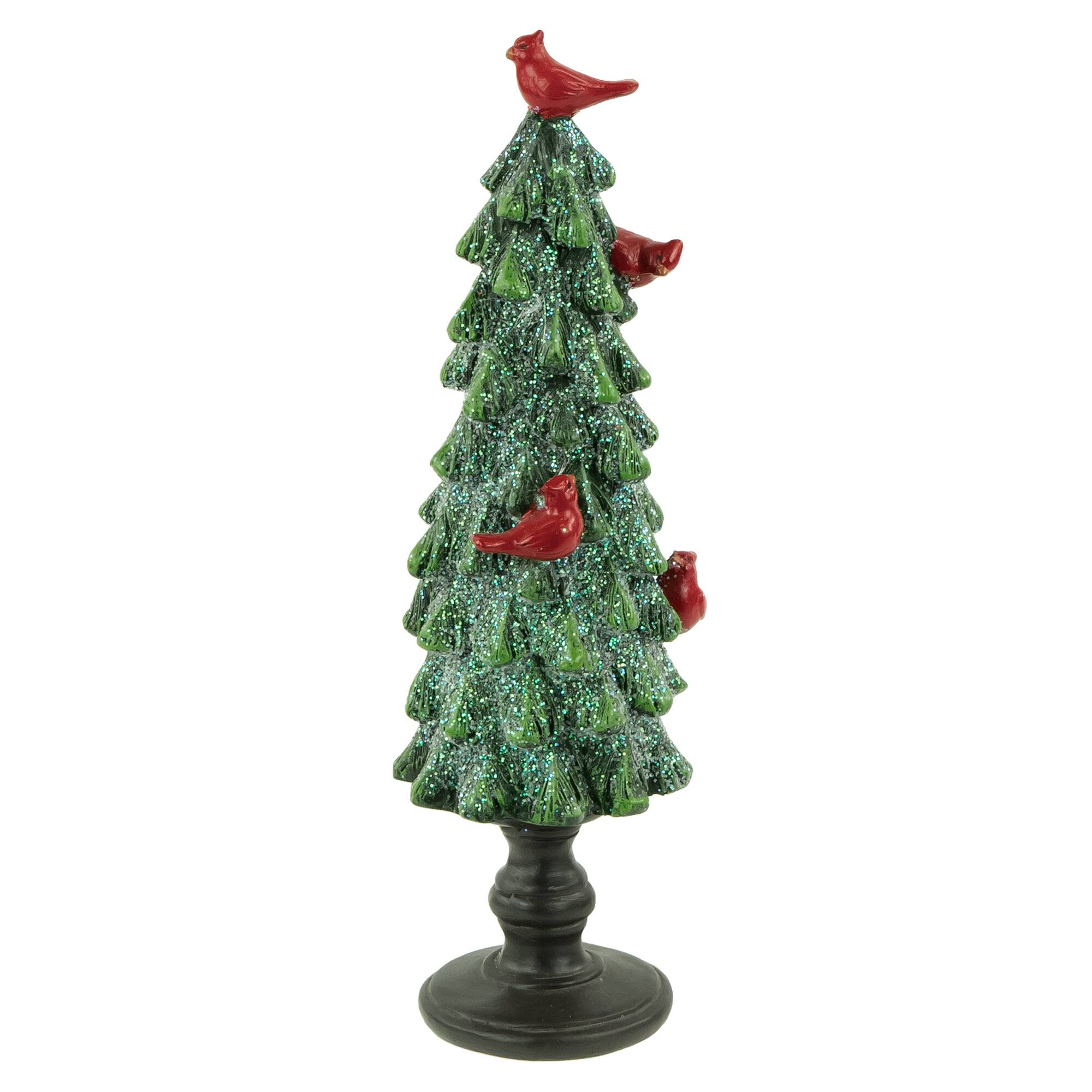 Front. Northlight - Glittered Christmas Tree with Cardinals Decoration - 8.75" - Green and Red - Green.