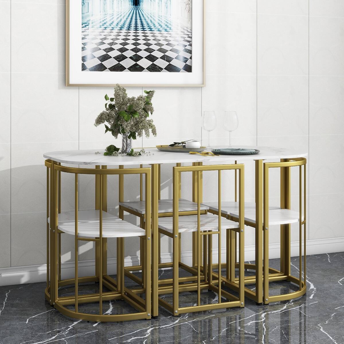Alt View 2. Loheer - Loheer 7 Piece Dining Set for 6, 53.5 Inch Faux Marble White Table, Modern Black and Gold Chairs - Black and Faux Marble White.