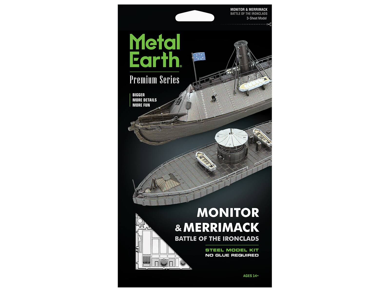 MONITOR & MERRIMACK BATTLE OF THE IRONCLADS 3-Sheet Model Metal Earth. Premium Series BIGGER MORE DETAILS MORE FUN MONITOR & MERRIMACK BATTLE OF THE IRONCLADS STEEL MODEL KIT NO GLUE REQUIRED AGES 14+