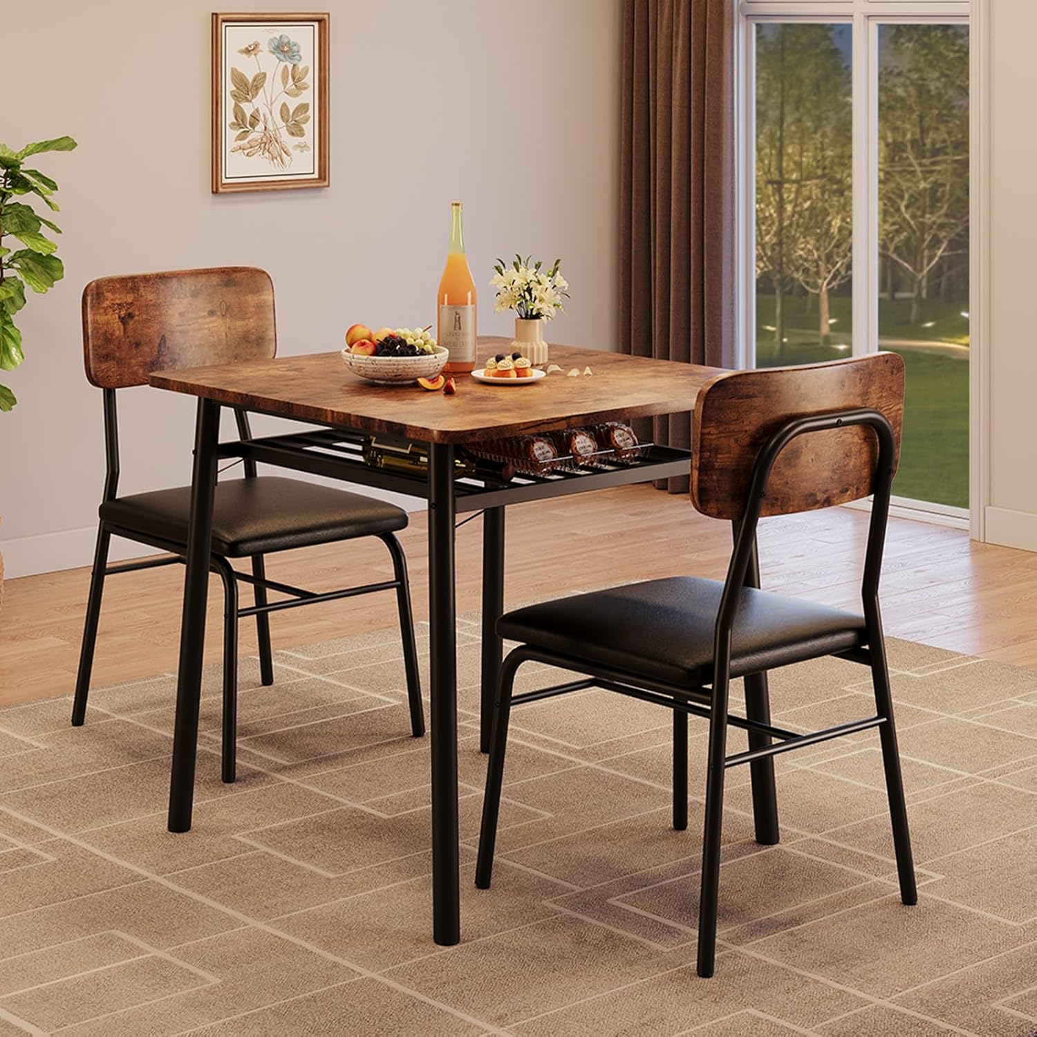 Left. Qeetex - 3-Piece Square Dining Set for 2 with Storage, Metal Frame Table & 2 Upholstered Chairs - Brown.