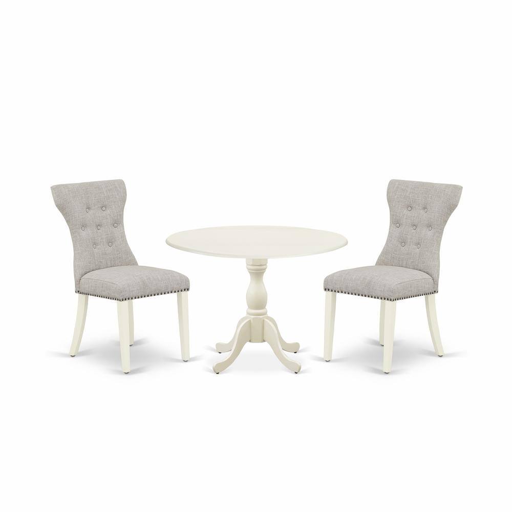 Left. East West Furniture - East West Furniture DMGA3-LWH-35 3 Piece Kitchen Table Set Contains 1 Drop Leaves Dining Table and 2 Doeskin Linen - Linen White.