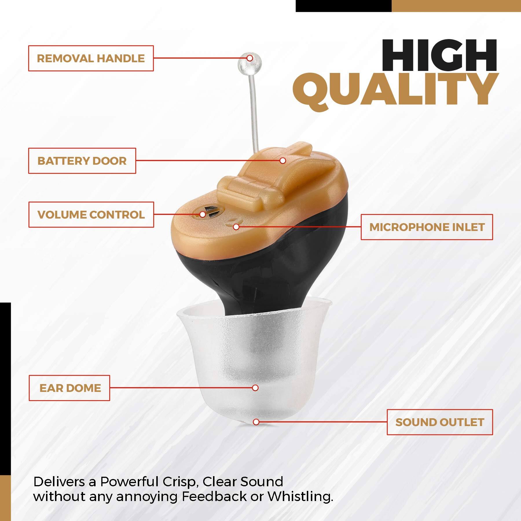 **HIGH QUALITY**

- REMOVAL HANDLE
- BATTERY DOOR
- VOLUME CONTROL
- MICROPHONE INLET
- EAR DOME
- SOUND OUTLET

Delivers a Powerful Crisp, Clear Sound without any annoying Feedback or Whistling.