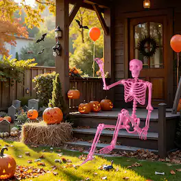 Costway - 5.5 FT Poseable Halloween Skeleton Life-Size Decoration with Movable Joints - Pink