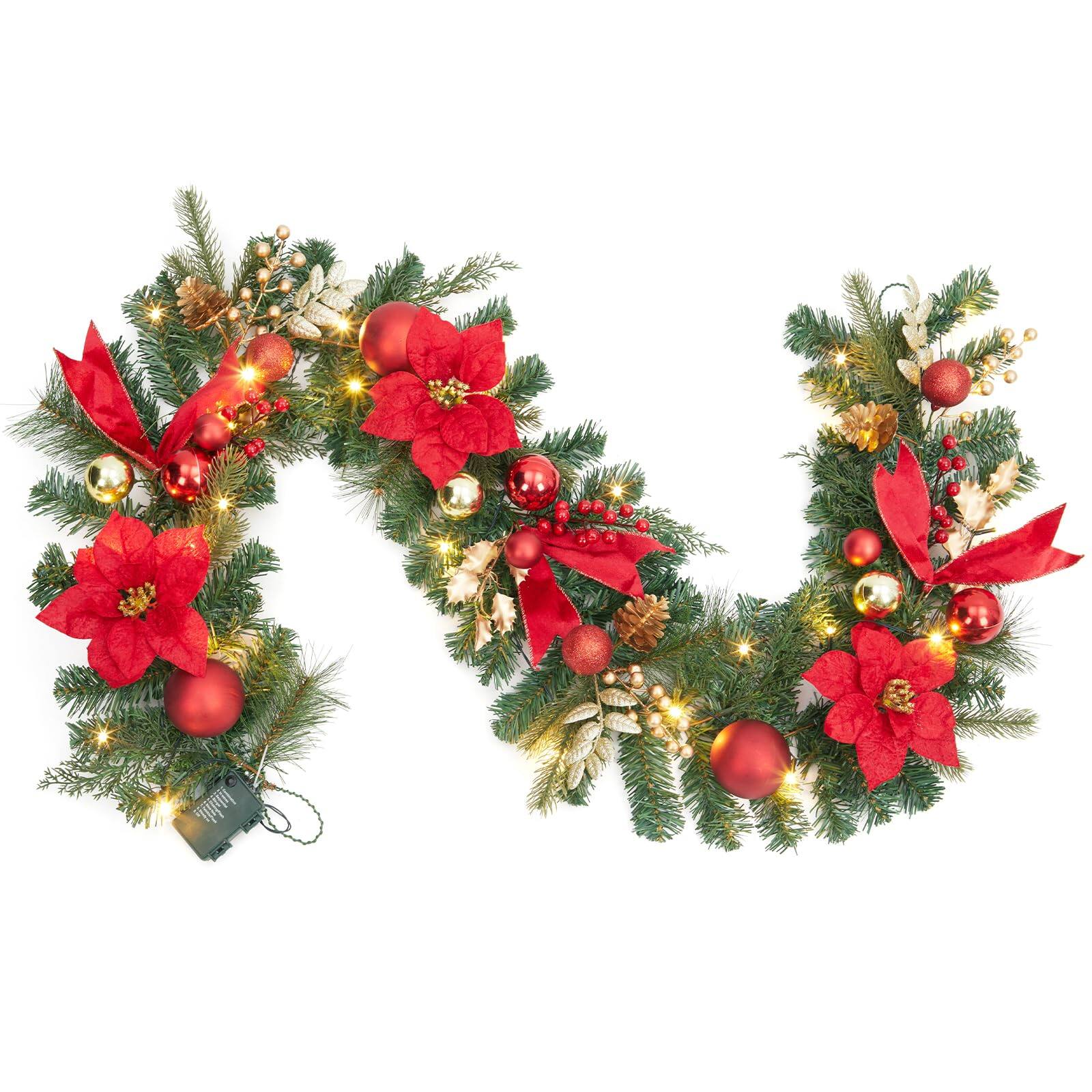 Acekool - 6FT Pre-Lit Christmas Garland Battery Operated Xmas Garland with 20 Lights for Fireplace Mantle Indoor Outdoor Decor - Red Gold