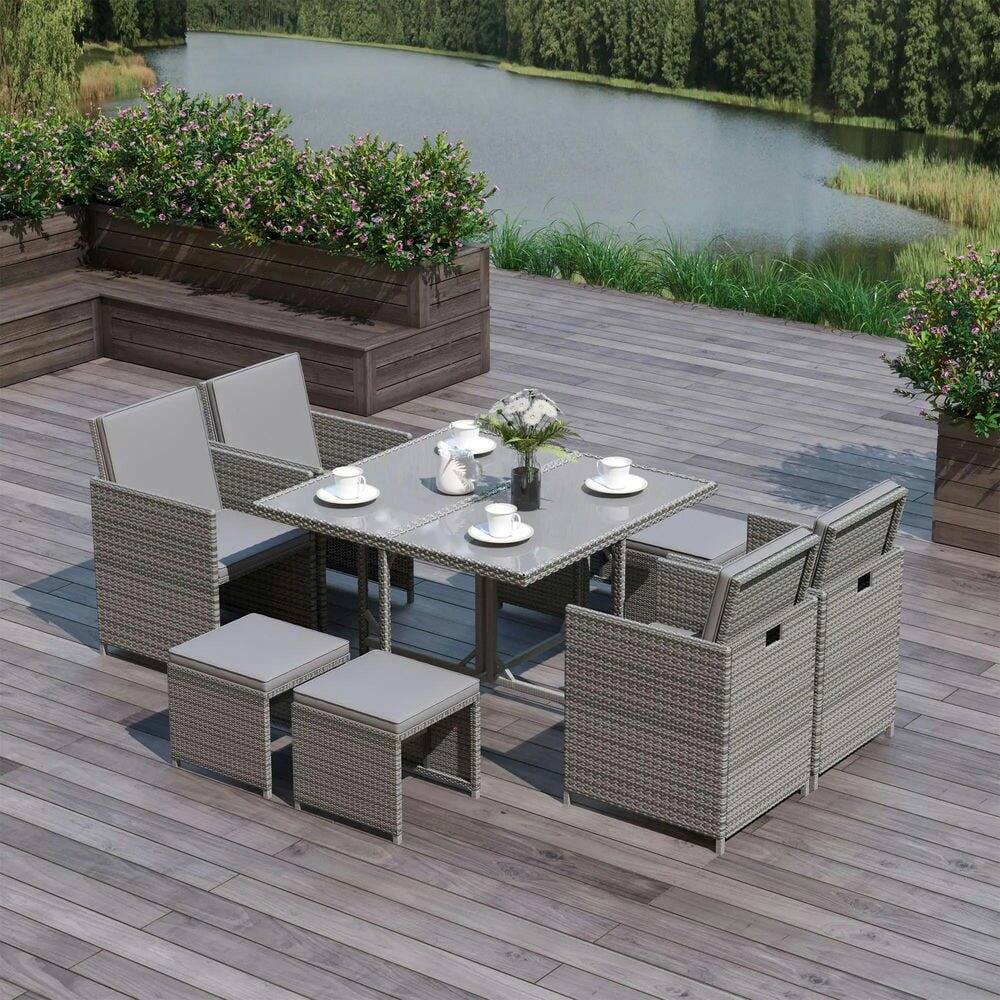 Left. Resenkos - Resenkos 9 Piece Outdoor Rattan Wicker Dining Table and Chairs Furniture Set, Cushions, Light Gray And Dark Gray - Light Gray/Dark Gray.