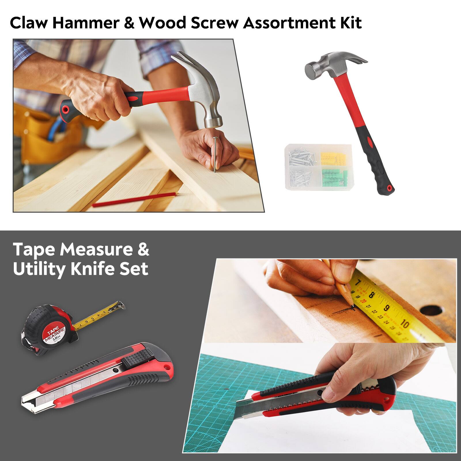 Claw Hammer & Wood Screw Assortment Kit

Tape Measure & Utility Knife Set