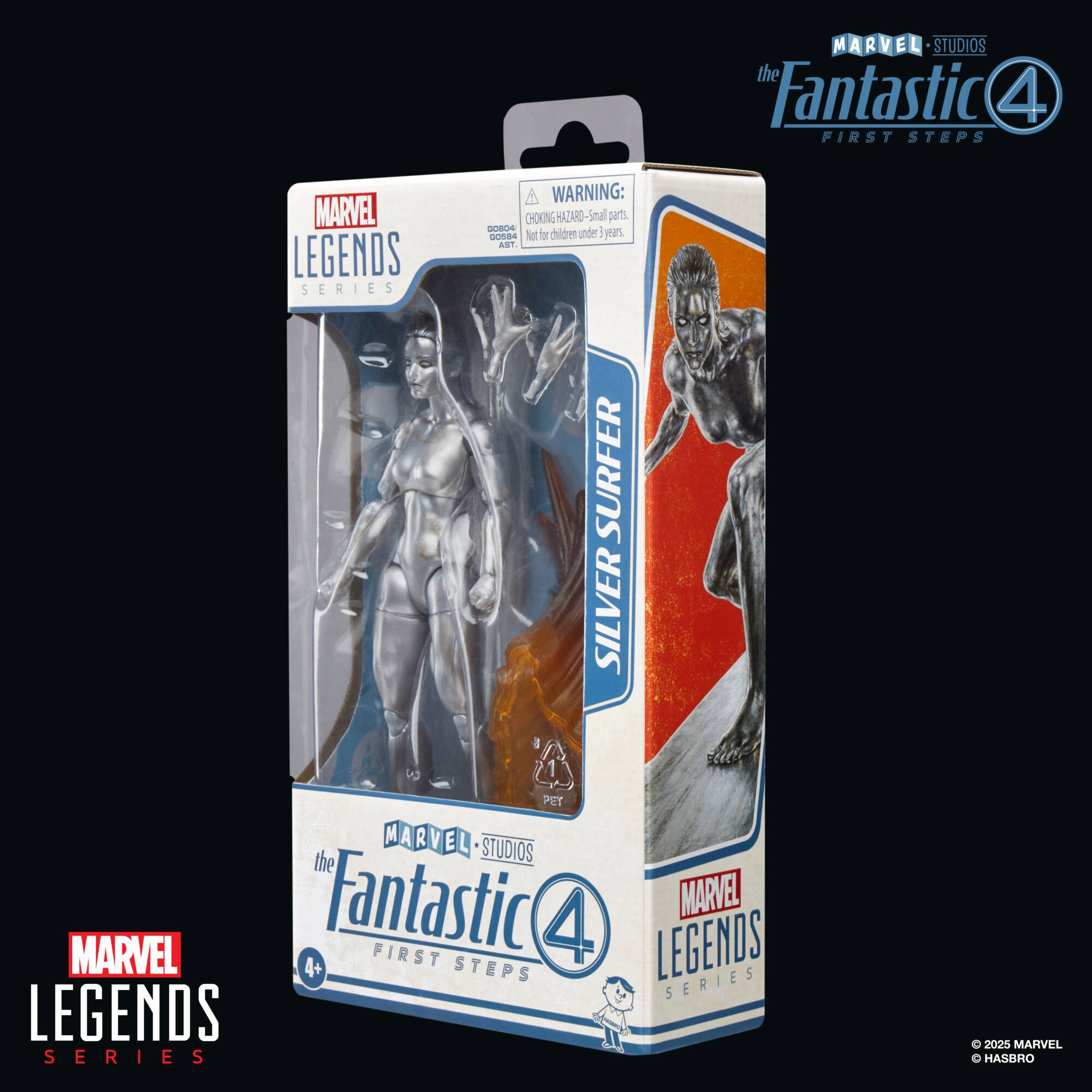 The image features a box containing a Marvel Legends action figure of the Silver Surfer. The box is part of the Marvel Legends series and is intended for children over the age of 4. The warning on the box indicates that small parts may pose a choking hazard, so it should not be used by children under 3 years old. The action figure is a collectible item for Marvel fans and is a part of the Fantastic 4 series.