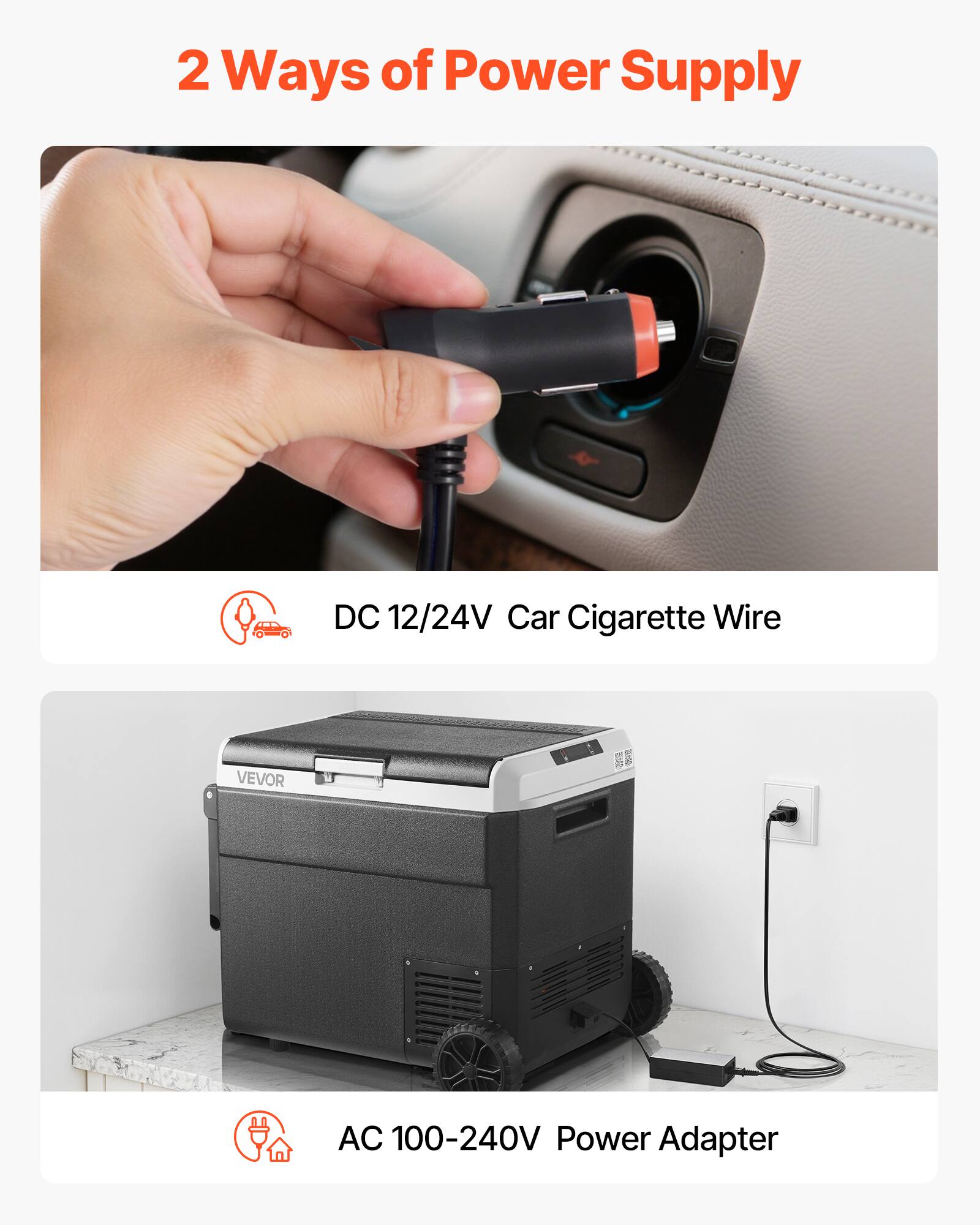 2 Ways of Power Supply

DC 12/24V Car Cigarette Wire

AC 100-240V Power Adapter