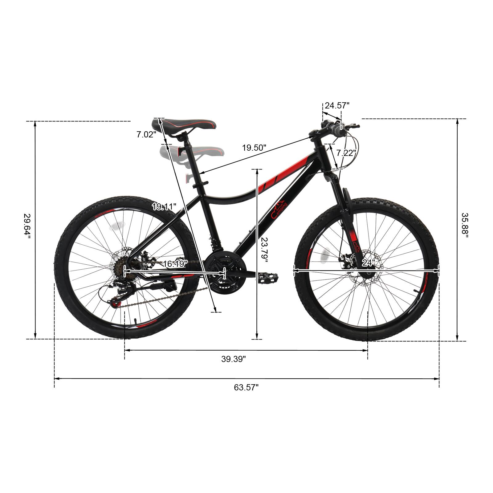 Sure, here is the corrected and grouped text from the image:

- **Frame Dimensions:**
  - Length: 63.57"
  - Height: 24.57"
  - Width: 39.39"
  - Seat Height: 7.02"
  - Seat Tube: 19.50"
  - Top Tube: 24.57"
  - Head Tube: 7.22"
  - Bottom Bracket Height: 19.11"
  - Chainstay: 16.19"
  - Wheelbase: 39.39"
  - Front Center: 23.79"
  - Rear Center: 24"
  - Fork Length: 35.88"
  - Fork Offset: 38.87"

- **Wheel Dimensions:**
  - Front Wheel: 29.64"
  - Rear Wheel: 29.64"

- **Other:**
  - 19:11" (likely a typo or unclear measurement)
  - 16-19P (likely a typo or unclear measurement)
  - I B (unclear