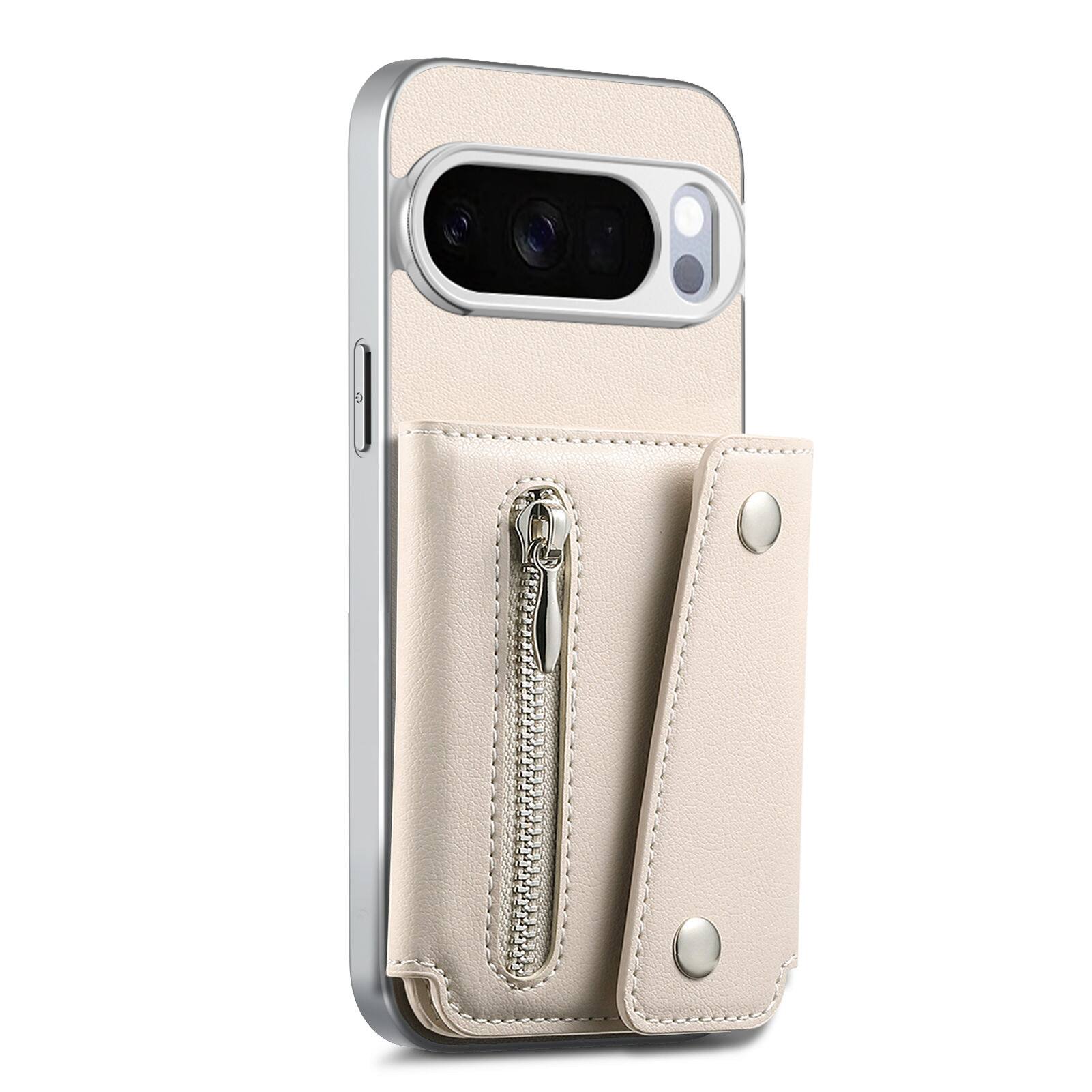 Angle. Dteck - PU Leather Wallet Case for Google Pixel 10 Pro XL, Shockproof Kickstand Phone Cover with Card Slots and Zipper Pocket - Beige.