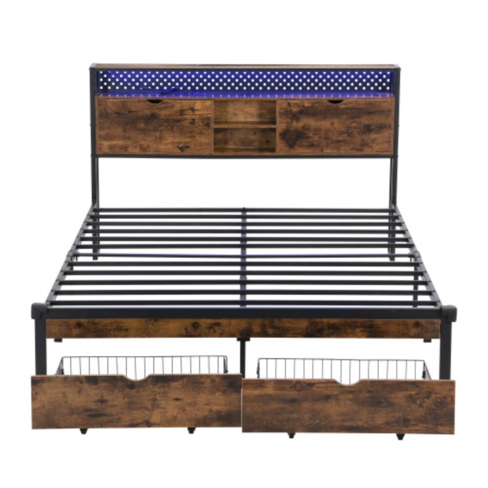 Left. LUCKY ONE - King Size Metal Platform Bed Frame with Wooden Headboard and Footboard, USB Charging, LED Lights, 2 Drawers - Black Brown.