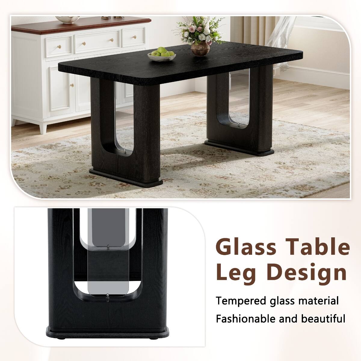 Glass Table Leg Design  
Tempered glass material  
Fashionable and beautiful