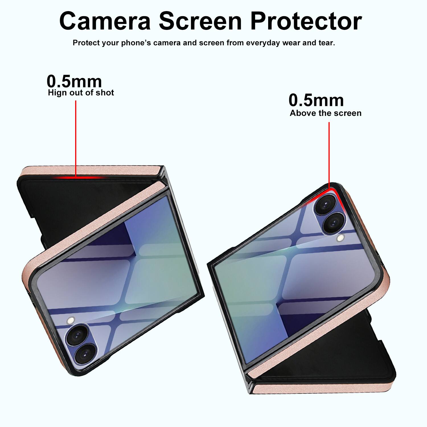 Camera Screen Protector  
Protect your phone's camera and screen from everyday wear and tear.  

0.5mm  
Hign out of shot  

0.5mm  
Above the screen