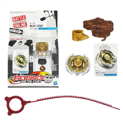 PERFORMANCE TOP SYSTEM
BATTLE ONLINE
BeybladeBattles.com
BB-109 BEAT LYNX™ AD145WD BALANCE
CODE INSIDE!
INCLUDES!
- Assembly Tool
- Collectible Card
- 3-piece top and assembly attachments
BB-109 BEAT LYNX™ AD145WD BALANCE
BEYBLADE METAL FURY
AGES 8+ 36708/1m A Cnly
Only Beyblade tops with a BeybladeBattle™ logo accepted!