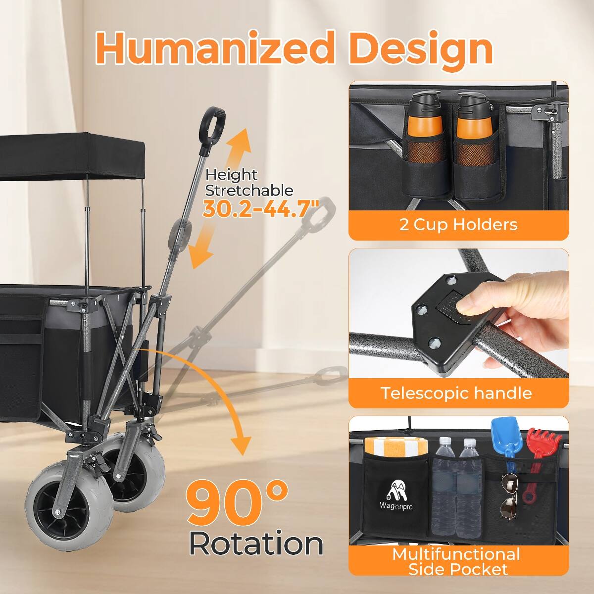 Humanized Design

- Height Stretchable 30.2-44.7"
- 2 Cup Holders
- Telescopic handle
- 90° Rotation
- Multifunctional Side Pocket