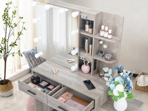 Alt View 3. Winado - Vanity Makeup Table Dressing Desk Set Open Shelves 5 Drawers Cabinet 10 LED Lighted Bulbs Sliding Mirror with Stool Set - Gray.