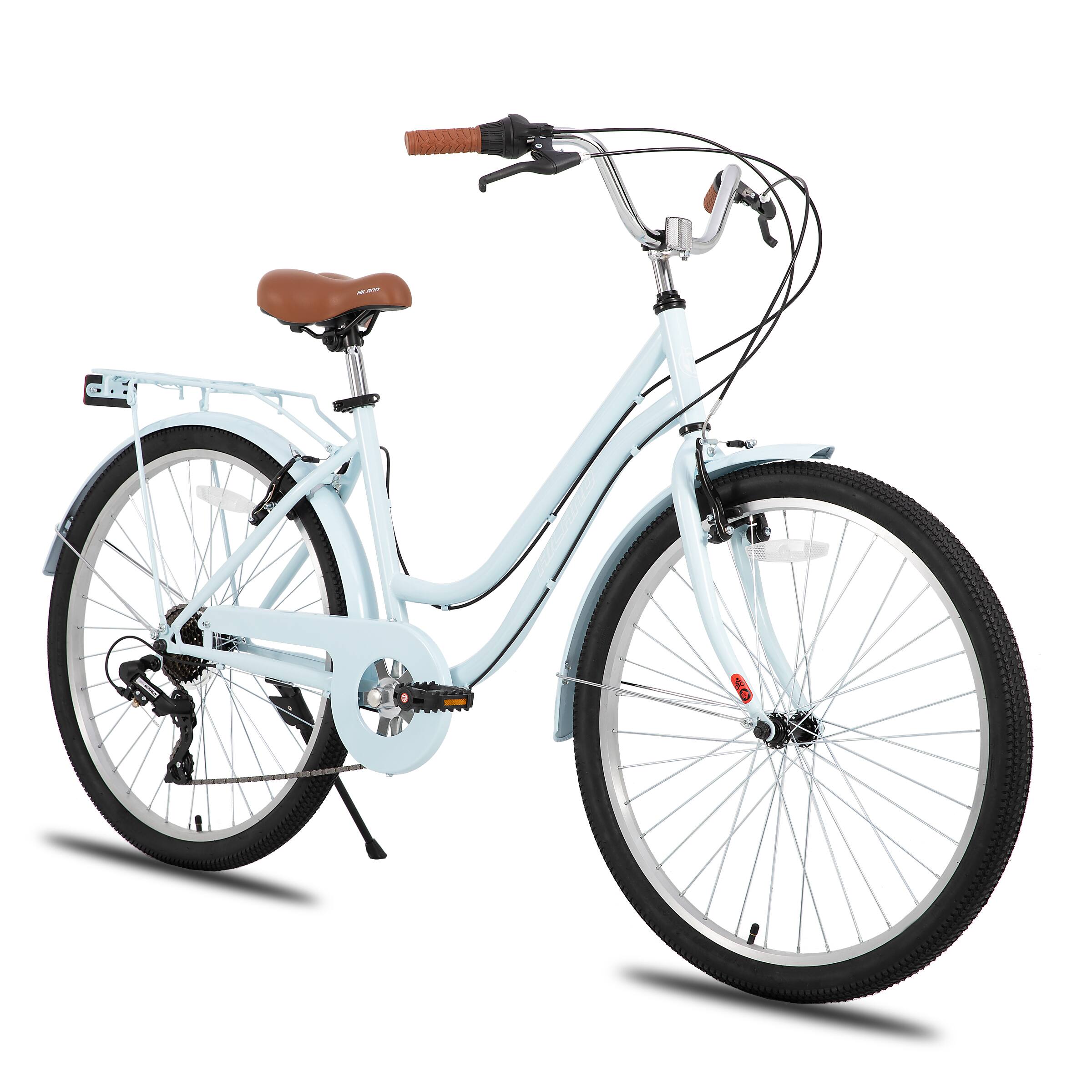 Front. HILAND - HILAND 26 Inch Beach Cruiser Bike for Men and Women, 7 Speed Step-Through Adult Hybrid Bike with Rear Rack Blue - Blue.