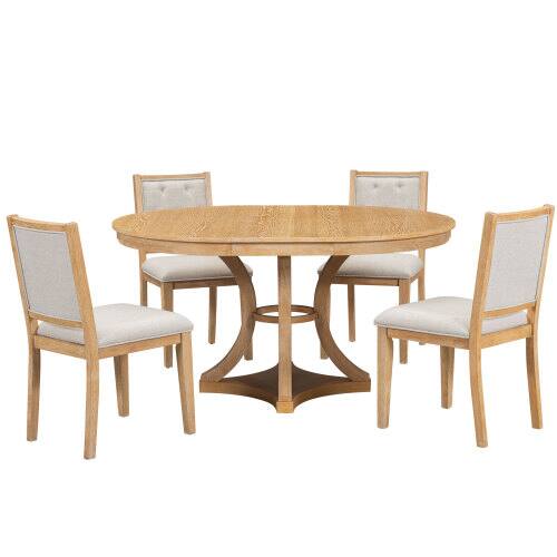 Alt View 3. LUCKY ONE - 5-Piece Vintage Dining Set with 58" Extendable Round Dining Table and 4 Upholstered Chairs - Natural.