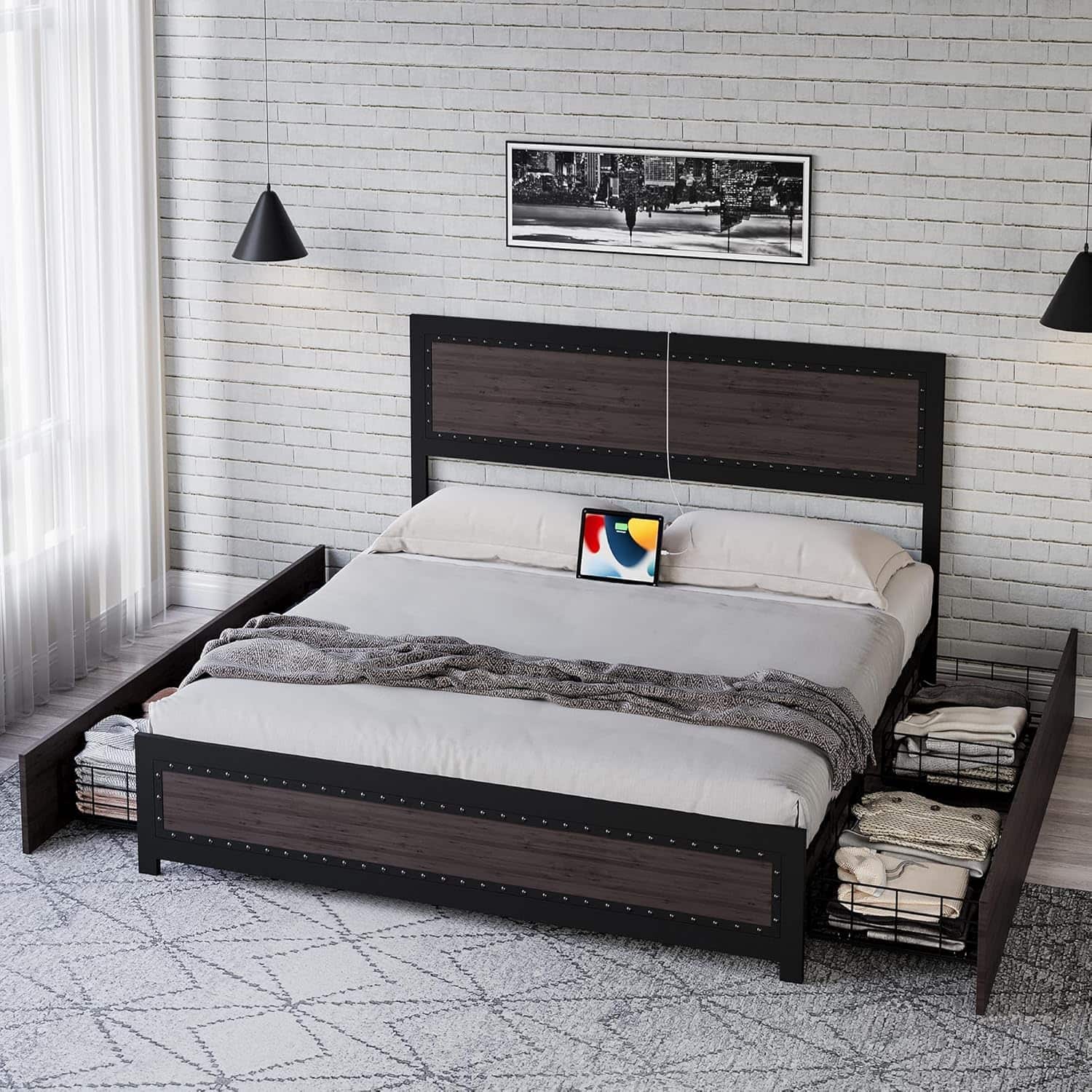 Qeetex - Upholstered Platform Bed Frame with Headboard and 4 Storage Drawers, Durable Metal Frame, Easy Setup - Grey + 4 Drawers