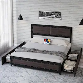 Qeetex - Upholstered Platform Bed Frame with Headboard and 4 Storage Drawers, Durable Metal Frame, Easy Setup - Grey + 4 Drawers