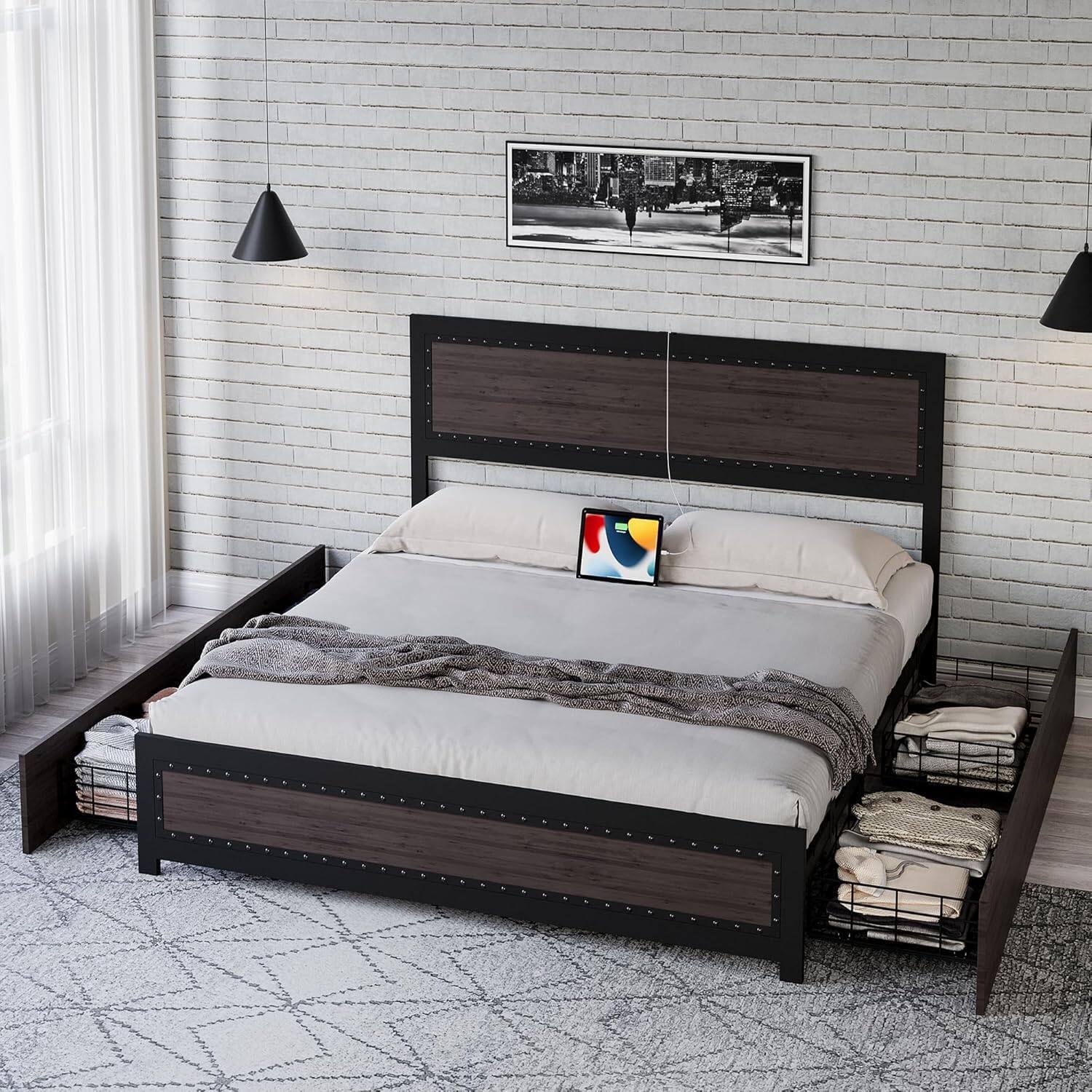 Front. Qeetex - Upholstered Platform Bed Frame with Headboard and 4 Storage Drawers, Durable Metal Frame, Easy Setup - Grey + 4 Drawers.