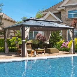 U-HOMY - Outdoor Hardtop Gazebo with Aluminum Frame, Double Roof Canopy, Curtains & Mosquito Netting - 12'x16'