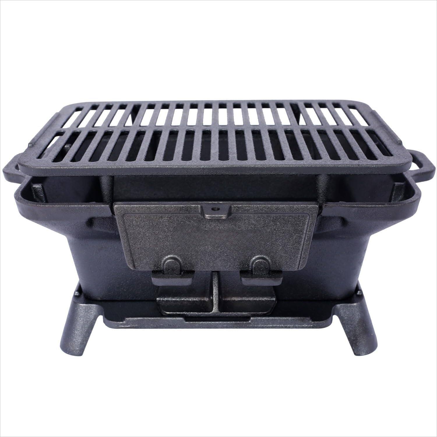 Angle. MOOSOO - Cast Iron Charcoal Grill with Double-Sided Grate, Portable Outdoor BBQ Grill, Compact Tabletop Grill Stove - Black.