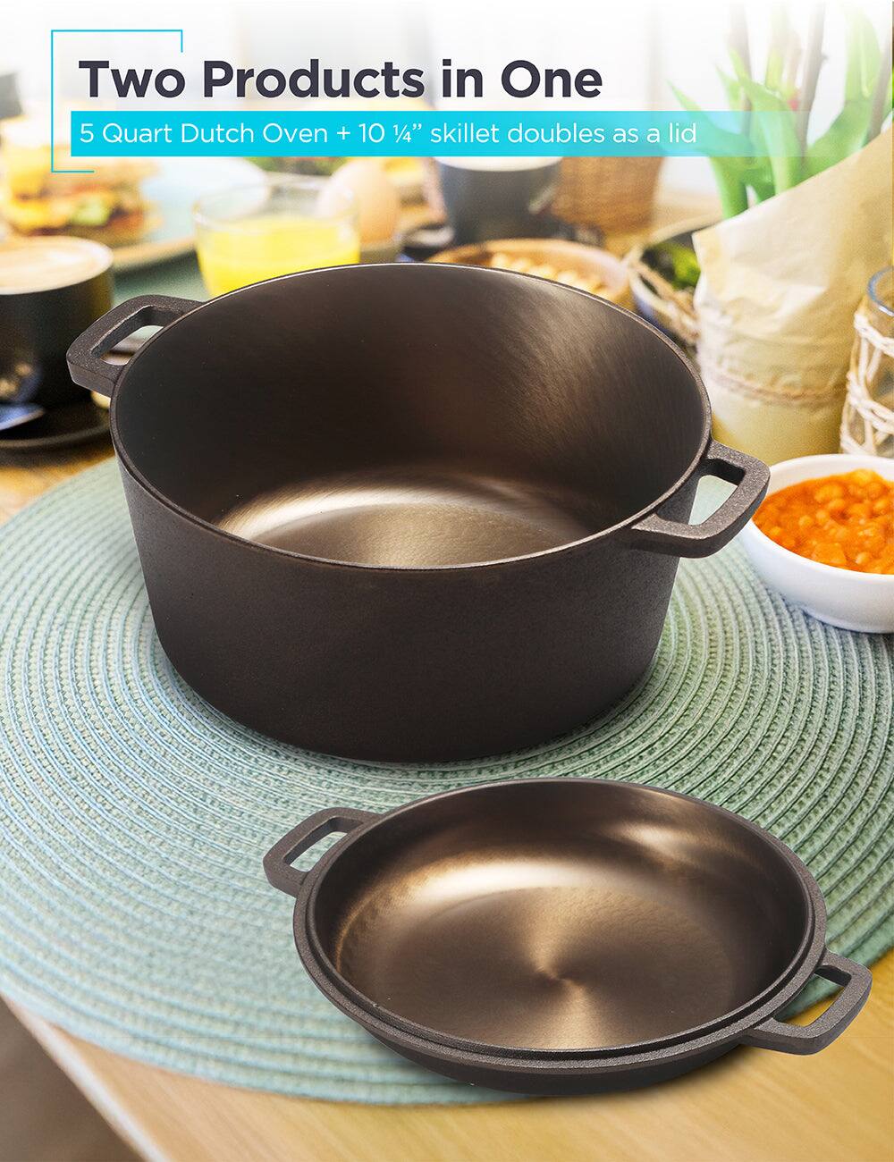 Two Products in One
5 Quart Dutch Oven + 10 1/4" skillet doubles as a lid