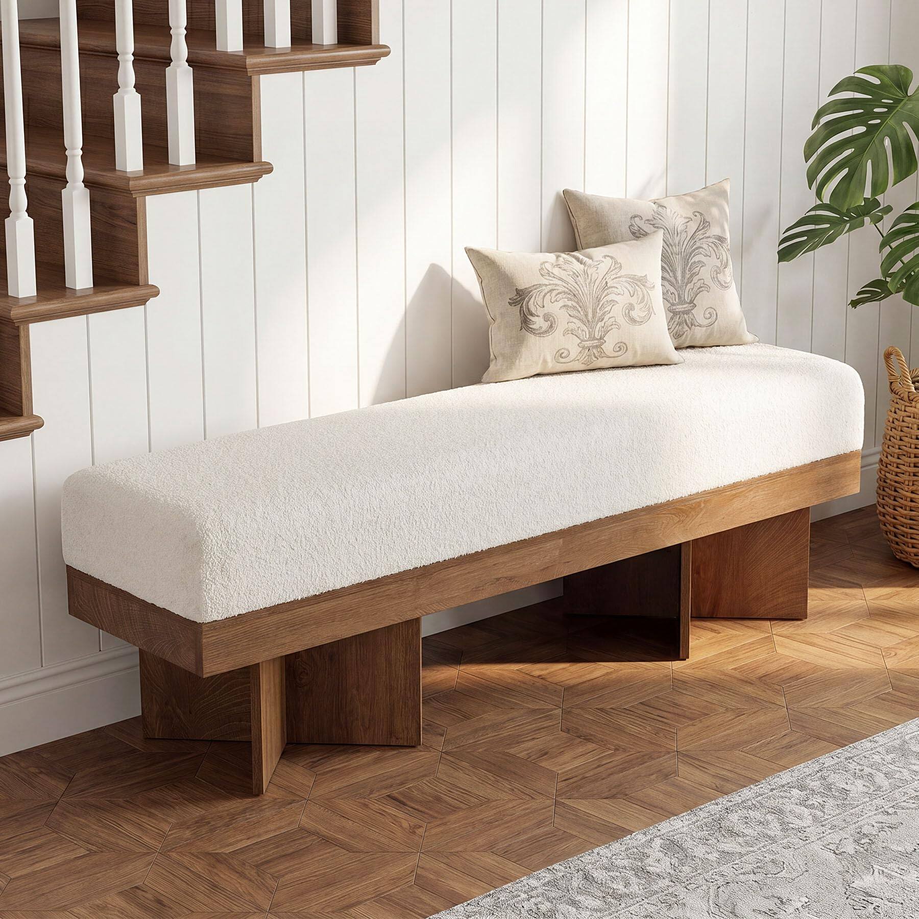 Alt View 2. Tribesigns - LITTLE TREE 55" Entryway Bench with Faux Lamb Wool, Upholstered Bench with X-Legs, for Living Room, Bedroom, or Foyer (W - White and Light Walnut.