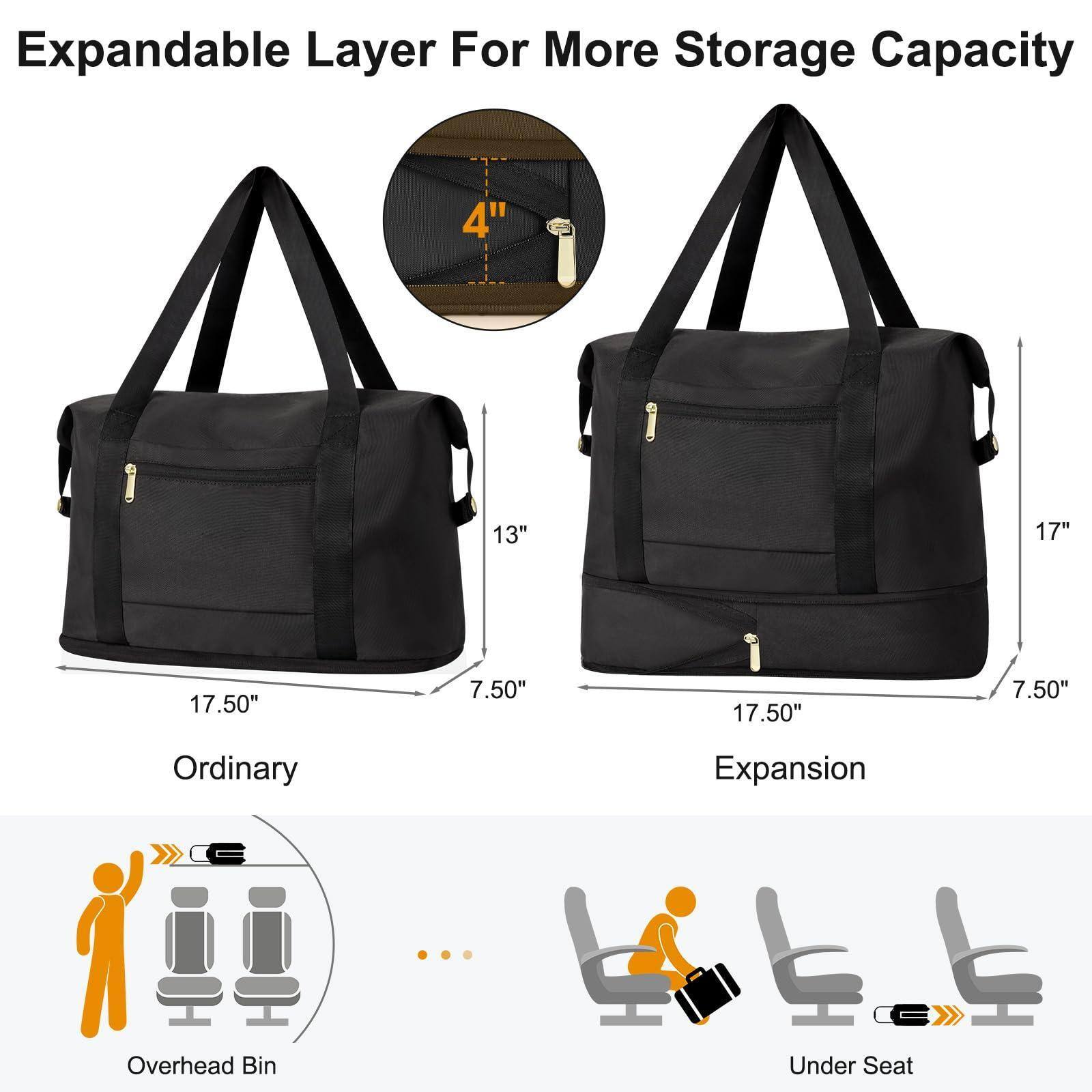 Expandable Layer For More Storage Capacity

Ordinary
- 17.50" (width)
- 13" (height)
- 7.50" (depth)

Expansion
- 17.50" (width)
- 17" (height)
- 7.50" (depth)

4" (expandable layer)

Overhead Bin
Under Seat