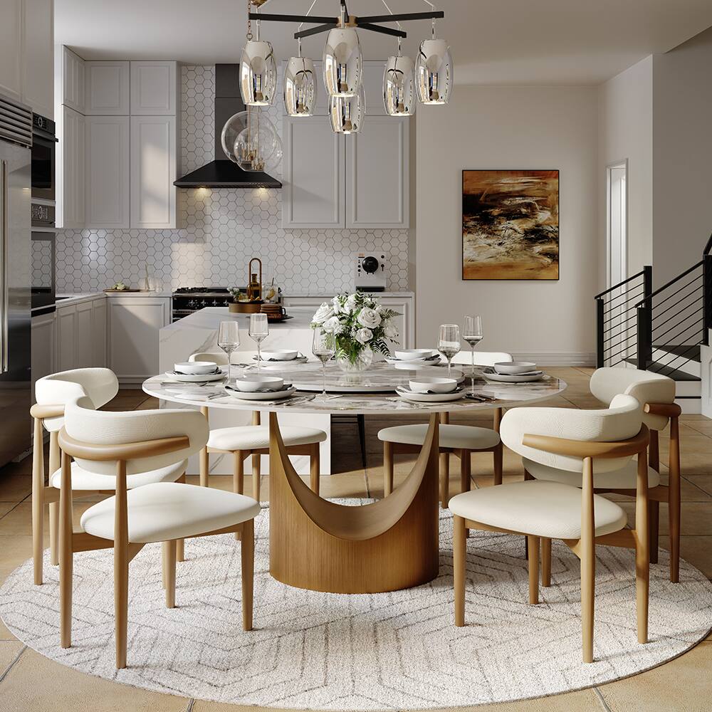 Alt View 8. POVISON - 59" Modern Round Dining Table for 6 Pandora Glossy Sintered Stone Table with Bronze Carbon Steel Pedestal - White with Bronze.